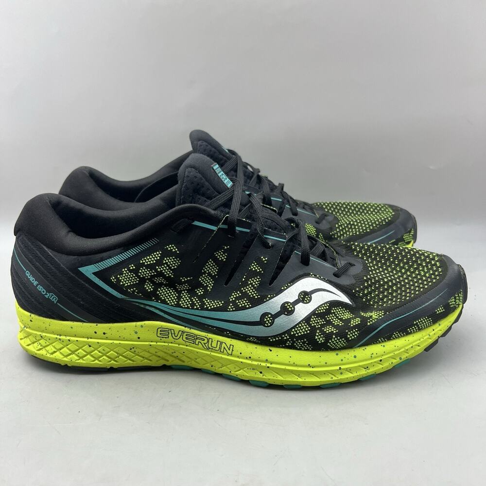 Saucony Guide Iso 2 Running Shoes Men Size 14 Black Green Mesh Comfort Sneakers